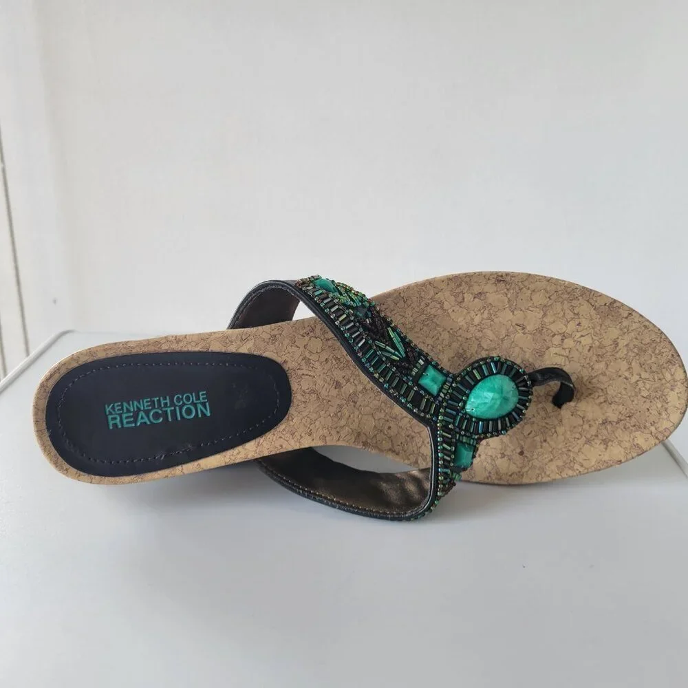 Kenneth Cole Boho Style Green beaded Wedge Sandals (Size: 9½)